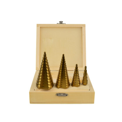 Vrtáky stupňovté GEKO, sada 4ks, 4-12mm, 4-20mm, 4-32mm, 4-39mm, dřevěná kazeta, TiN G38503