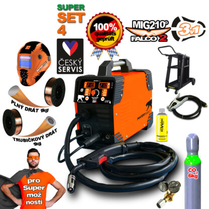 PANTERMAX MIG210FALCO 2 invertorová svářečka MIG/MMA + Kukla + Kabely 2m + Hořák + Podvozek + Red. Ventil + Co2 láhev plná + Separační sprej + Drát PMMIG210-2_S04