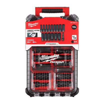 Sada rázových nástrčných nástavců 1/2" Packout Milwaukee 10-24 mm prodloužené  (16 ks) 4932480943
